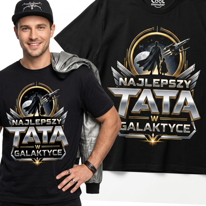 Koszulka Męska T-Shirt Prezent Dla Taty NAJLEPSZY TATA W GALAKTYCE Czarna