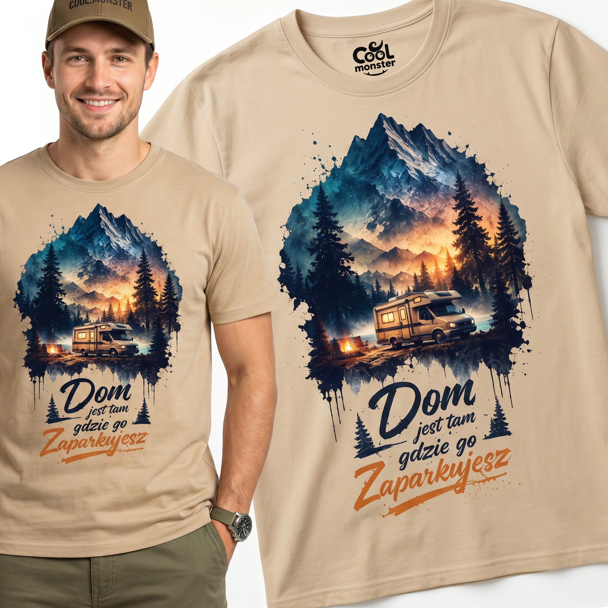 Koszulka Męska Bawełniana T-Shirt z Kamperem Do Podróży "Dom Jest tam Gdzie go Zaparkujesz"