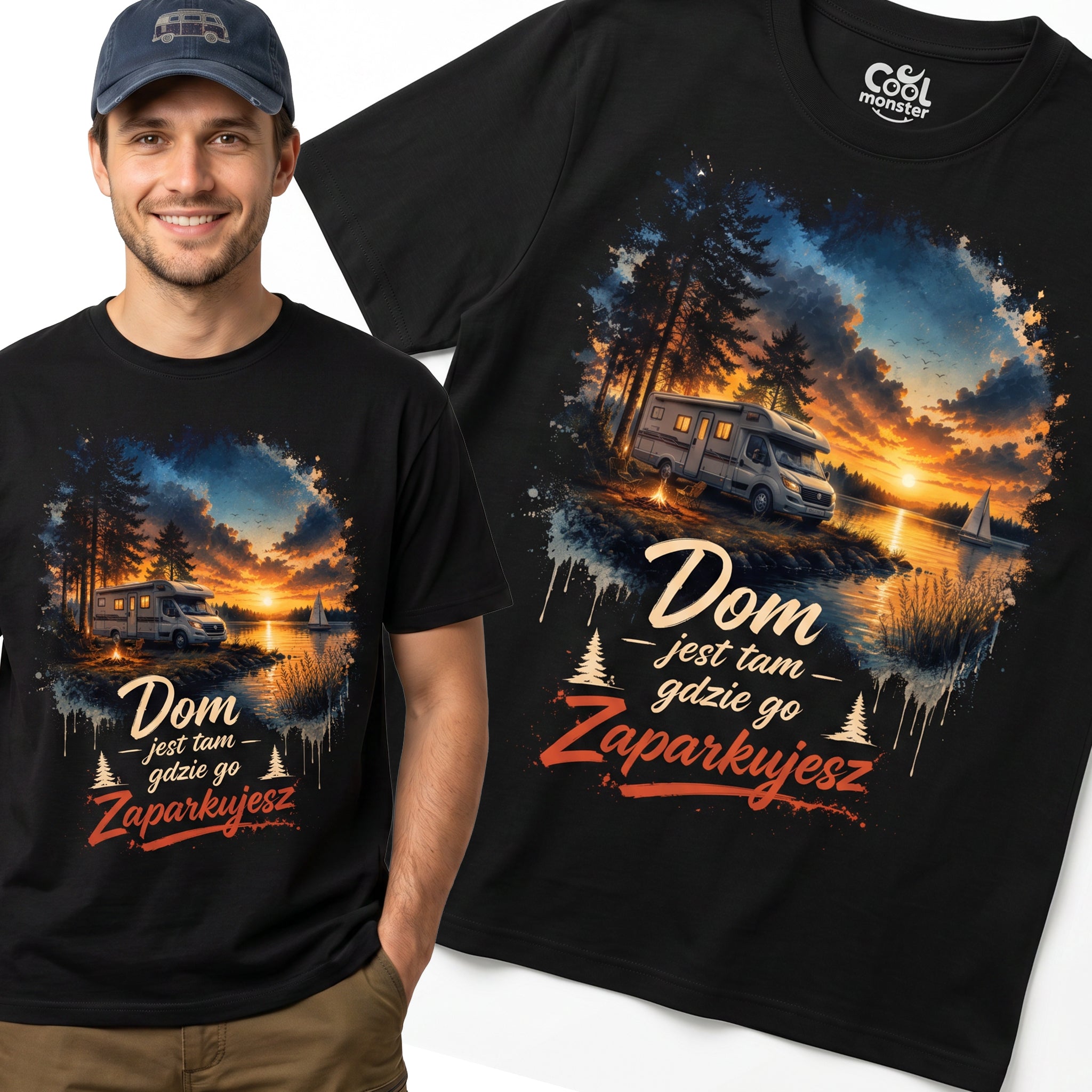 Koszulka Męska Bawełniana T-Shirt z Kamperem Do Podróży "Dom Jest tam Gdzie go Zaparkujesz" Główne zdjęcie produktu