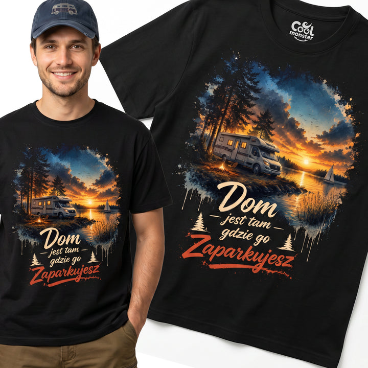Koszulka Męska Bawełniana T-Shirt z Kamperem Do Podróży "Dom Jest tam Gdzie go Zaparkujesz"
