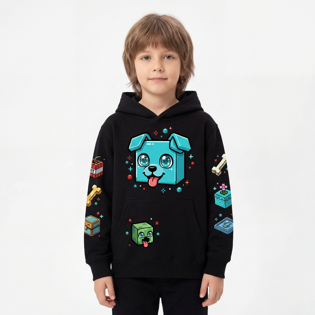 Bawełniana Bluza dziecięca Minecraft piesek czarna bluza z kapturem dla graczy z Pieskiem