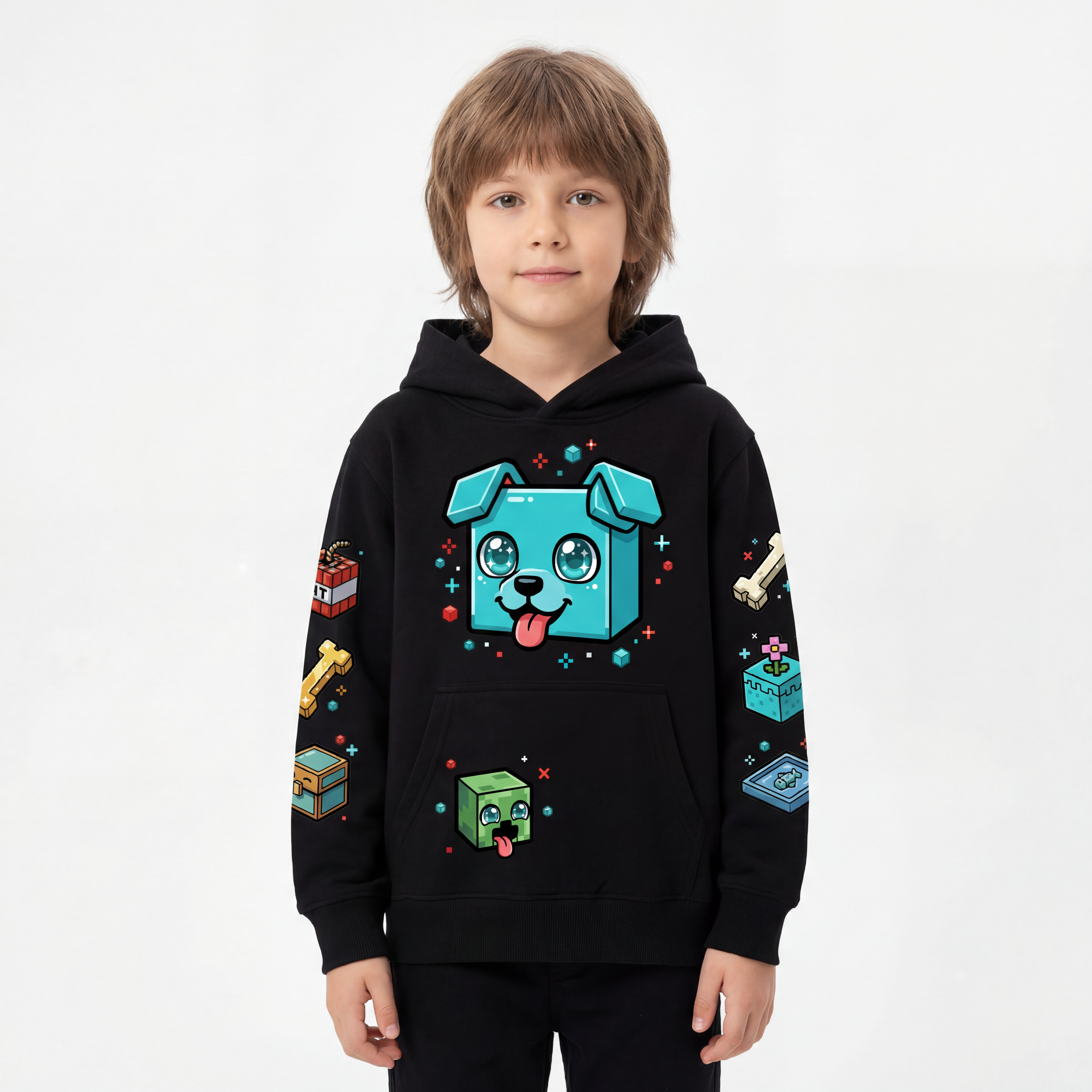 Bawełniana Bluza dziecięca Minecraft piesek czarna bluza z kapturem dla graczy z Pieskiem