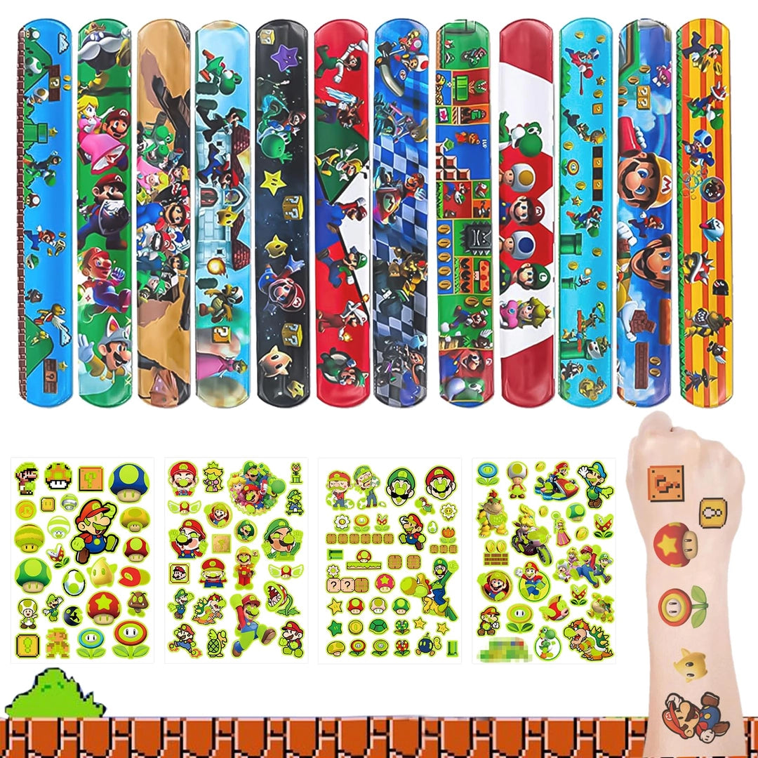 Zestaw bransoletek slap i tatuaży wodnych Mario – 12 opasek +4 arkusze tatuaży Główne zdjęcie produktu