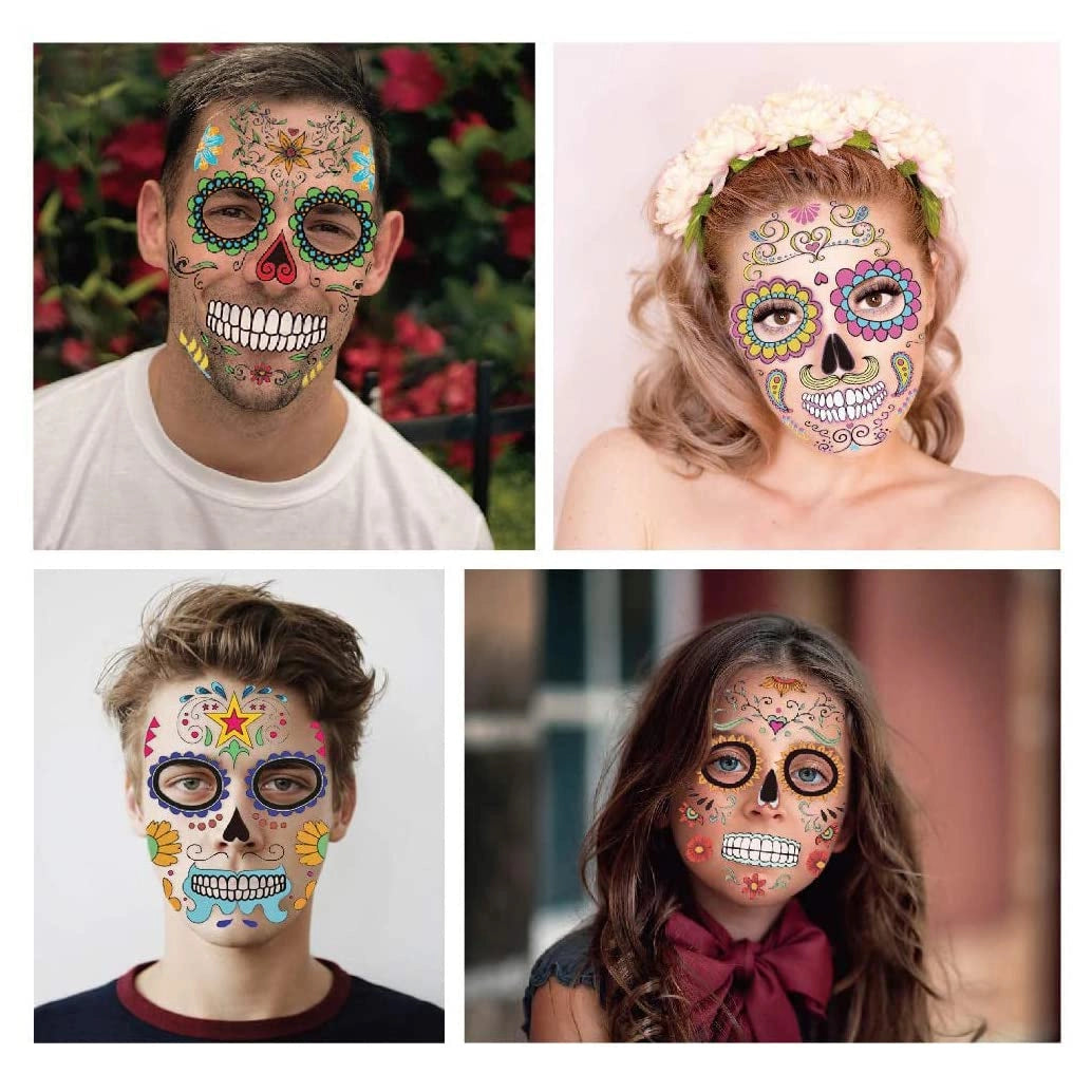 Naklejki na twarz Halloween Cukrowa Czaszka zestaw 9 arkuszy Día de los Muertos