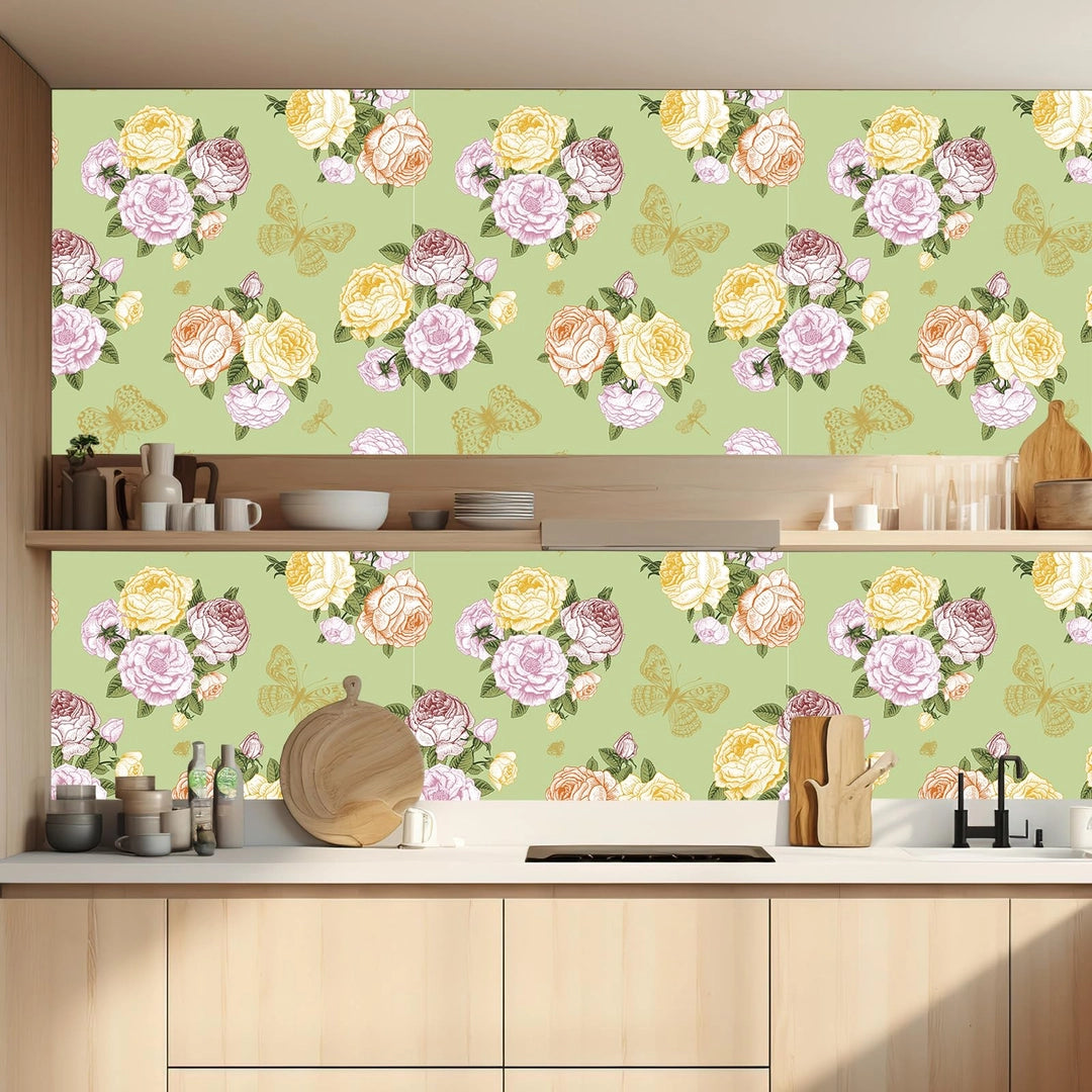 Tapeta i naklejka meblowa zielone tło róże vintage motyle samoprzylepna 40 x 600 cm