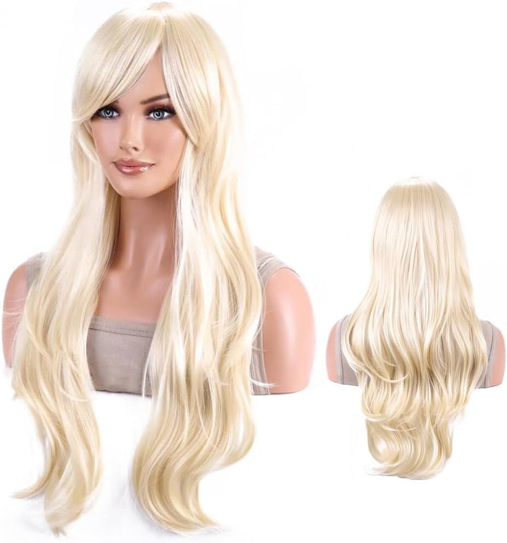 Peruka Blond Bardzo Jasna z Grzywką długie proste włosy 70cm Naturalnie wyglądająca