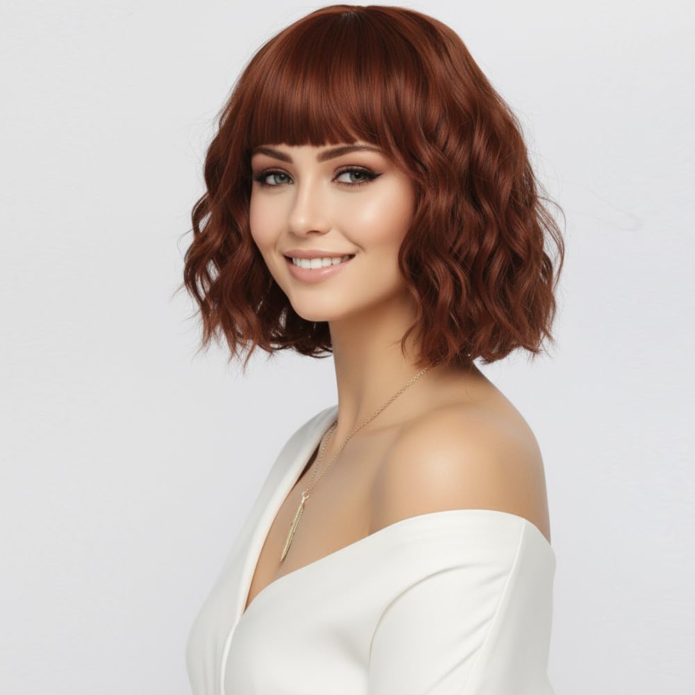 Peruka Krótki Bob Coplay Rudy Miedziany Kręcone włosy z grzywką do Ramion
