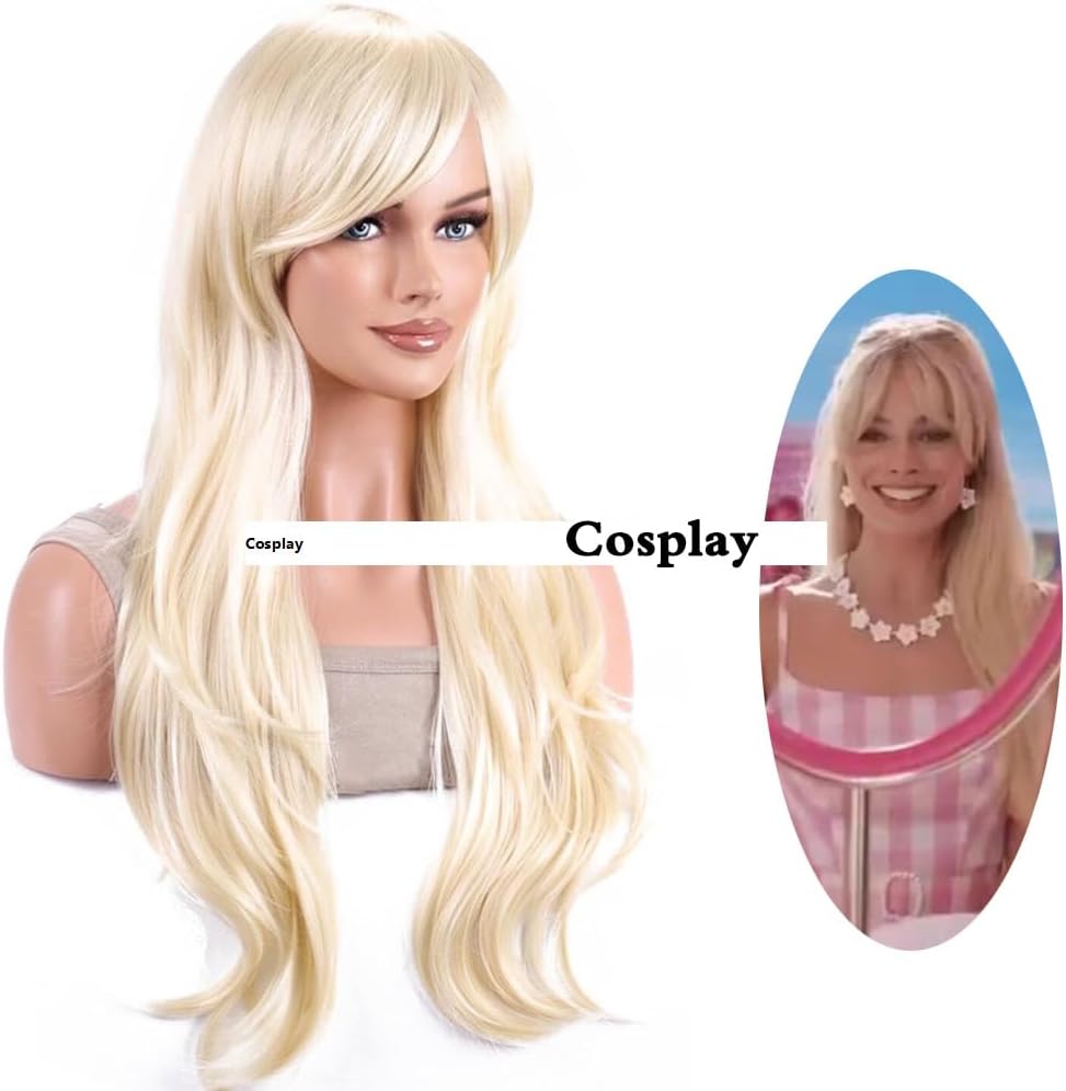 Peruka Blond Bardzo Jasna z Grzywką długie proste włosy 70cm Naturalnie wyglądająca