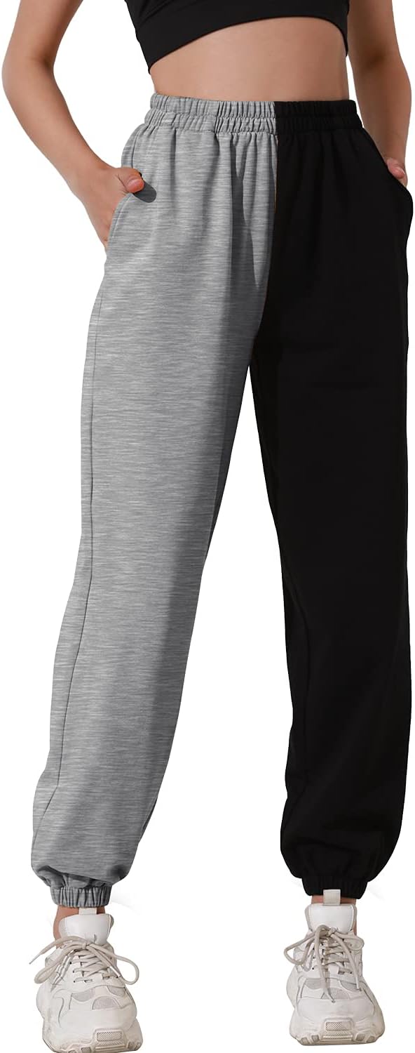 Spodnie Dresowe Damskie Ocieplane Czarno Szare Dwukolorowe Dresy typu Baggy