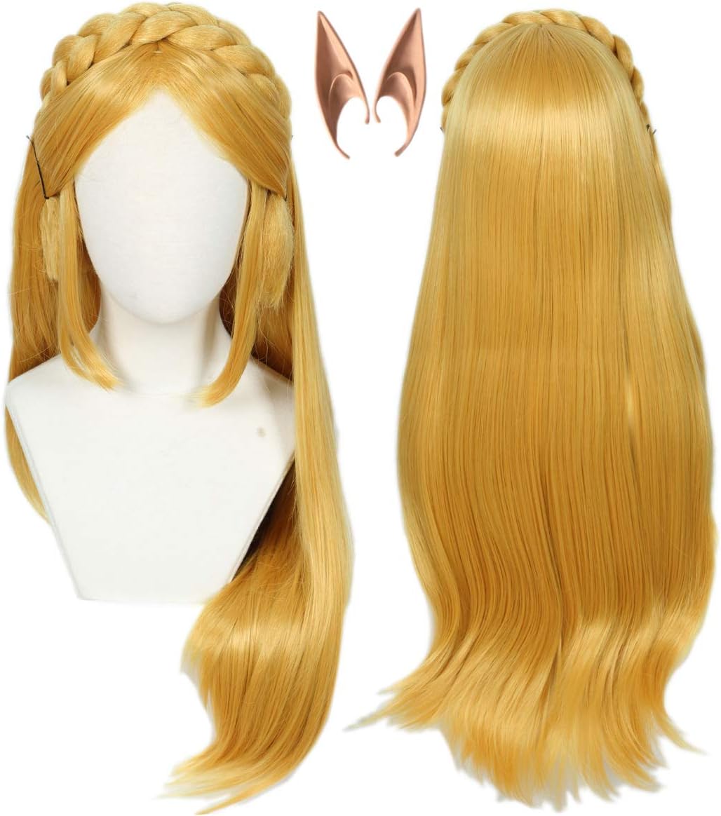Peruka Długie Proste Włosy Blond Baśniowy Cosplay Anime Strój Elfa z Uszami