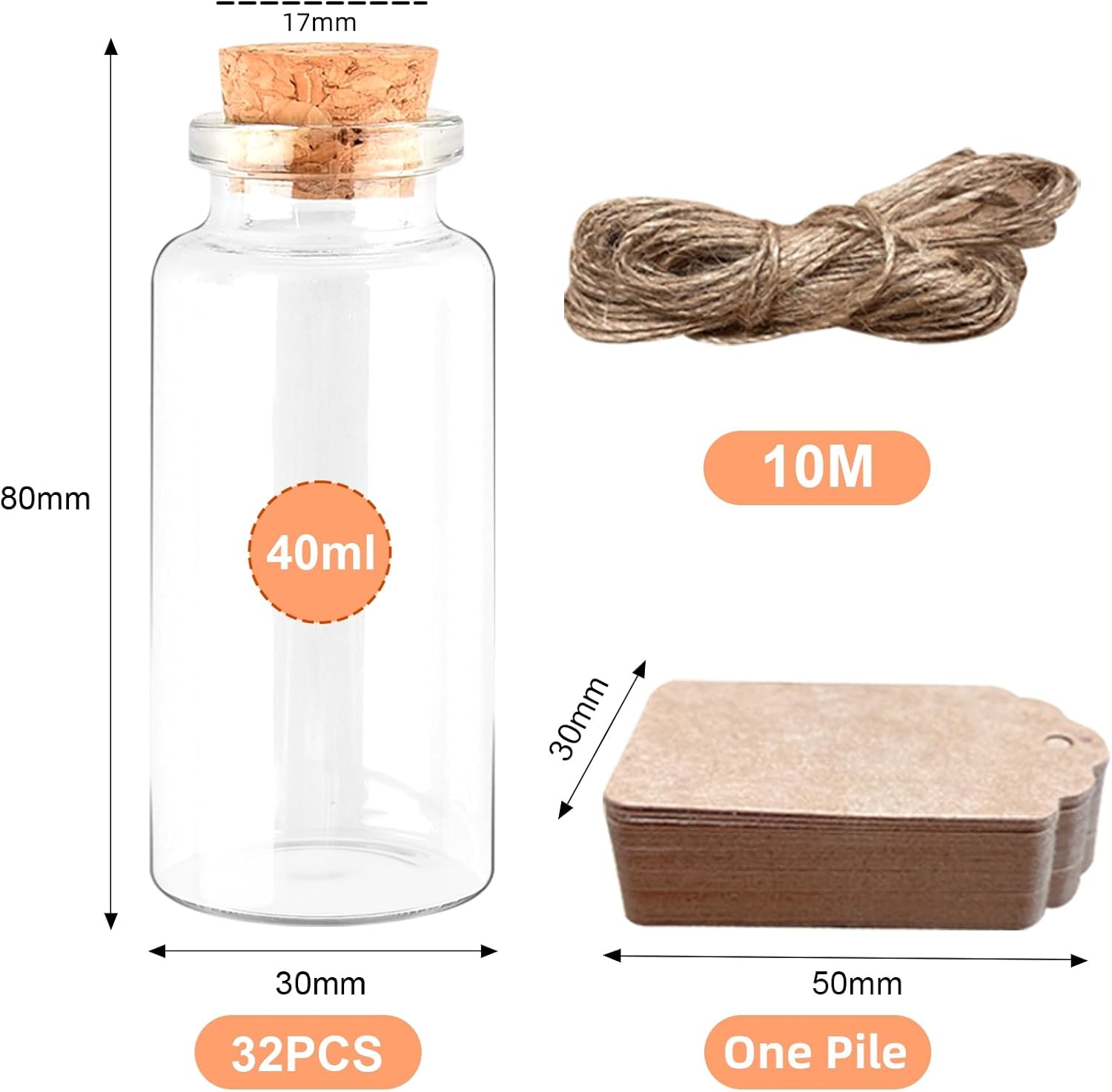 Mini buteleczki szklane z korkiem 40ml – zestaw 32 szt. do rękodzieła i dekoracji