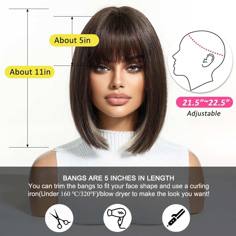 Peruka Krótki Bob Coplay Brązowe Proste włosy z grzywką do Ramion