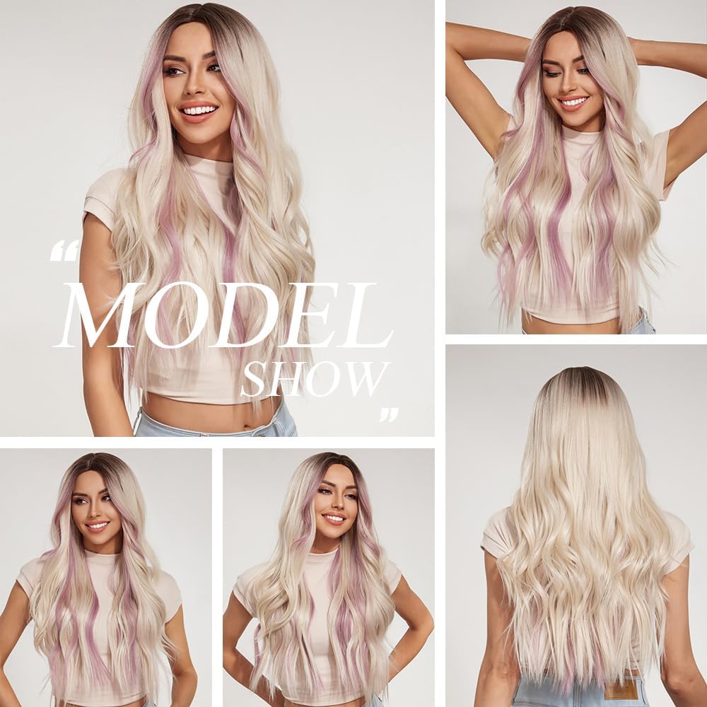 Peruka Blond Jasna z Pastelowymi Różowymi Pasemkami długie proste włosy 70cm Naturalnie wyglądająca