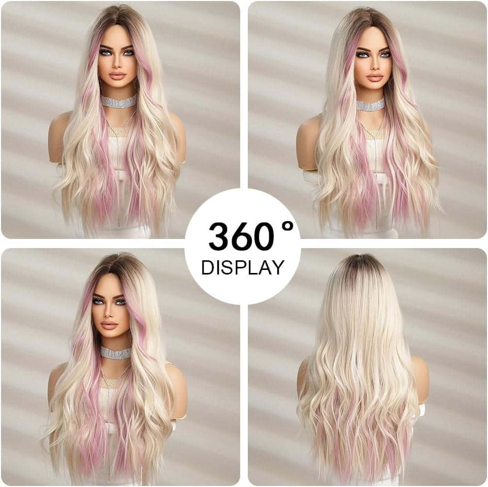 Peruka Blond Jasna z Pastelowymi Różowymi Pasemkami długie proste włosy 70cm Naturalnie wyglądająca