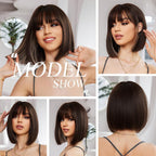 Peruka Krótki Bob Coplay Brązowe Proste włosy z grzywką do Ramion