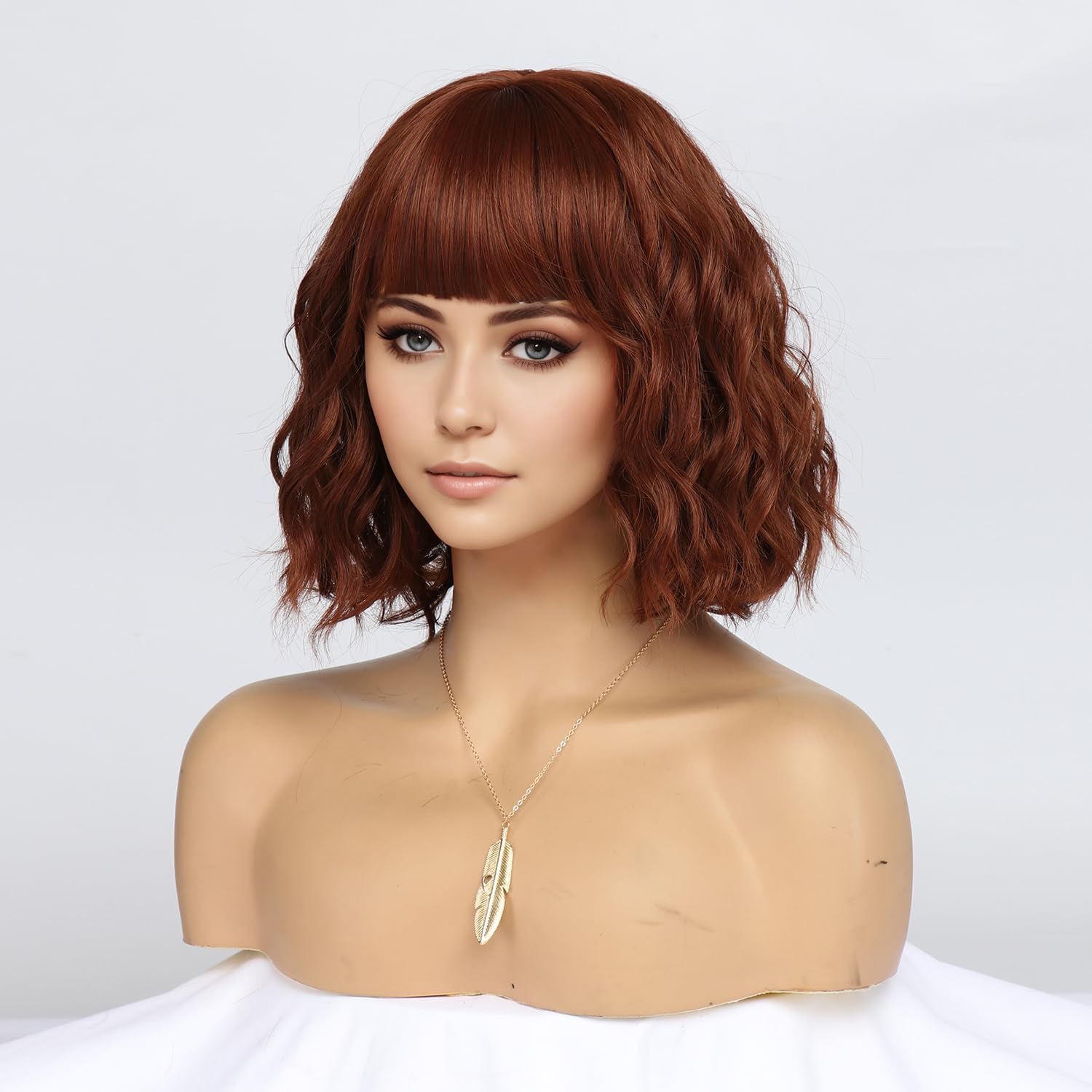 Peruka Krótki Bob Coplay Rudy Miedziany Kręcone włosy z grzywką do Ramion