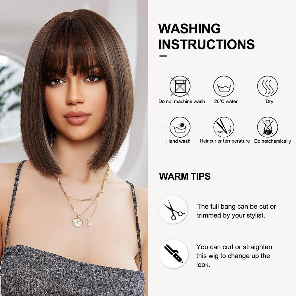 Peruka Krótki Bob Coplay Brązowe Proste włosy z grzywką do Ramion