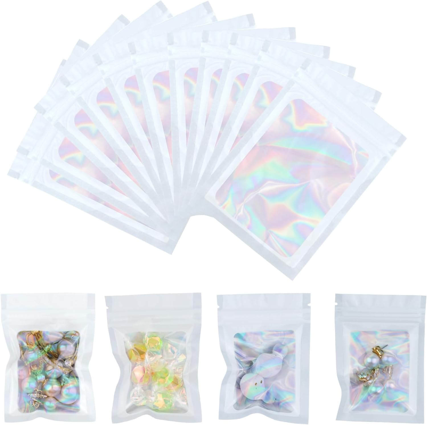 Torebki Woreczki Strunowe Ozdobne Mini Ozdobne na słodycze Prezenty Upominki Białe Hologram 10x15 Główne zdjęcie produktu