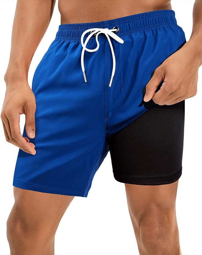 Spodenki Męskie Kąpielowe 2w1 Kąpielówki z Podszewką Kompresyjną  - Niebieskie