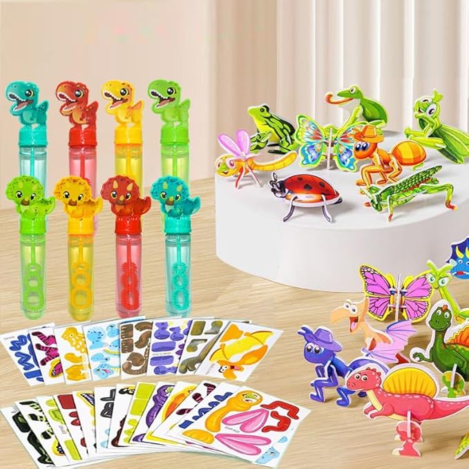 Zestaw dla dzieci DINOZAURY bańki mydlane + puzzle FIGURKI 3D owady