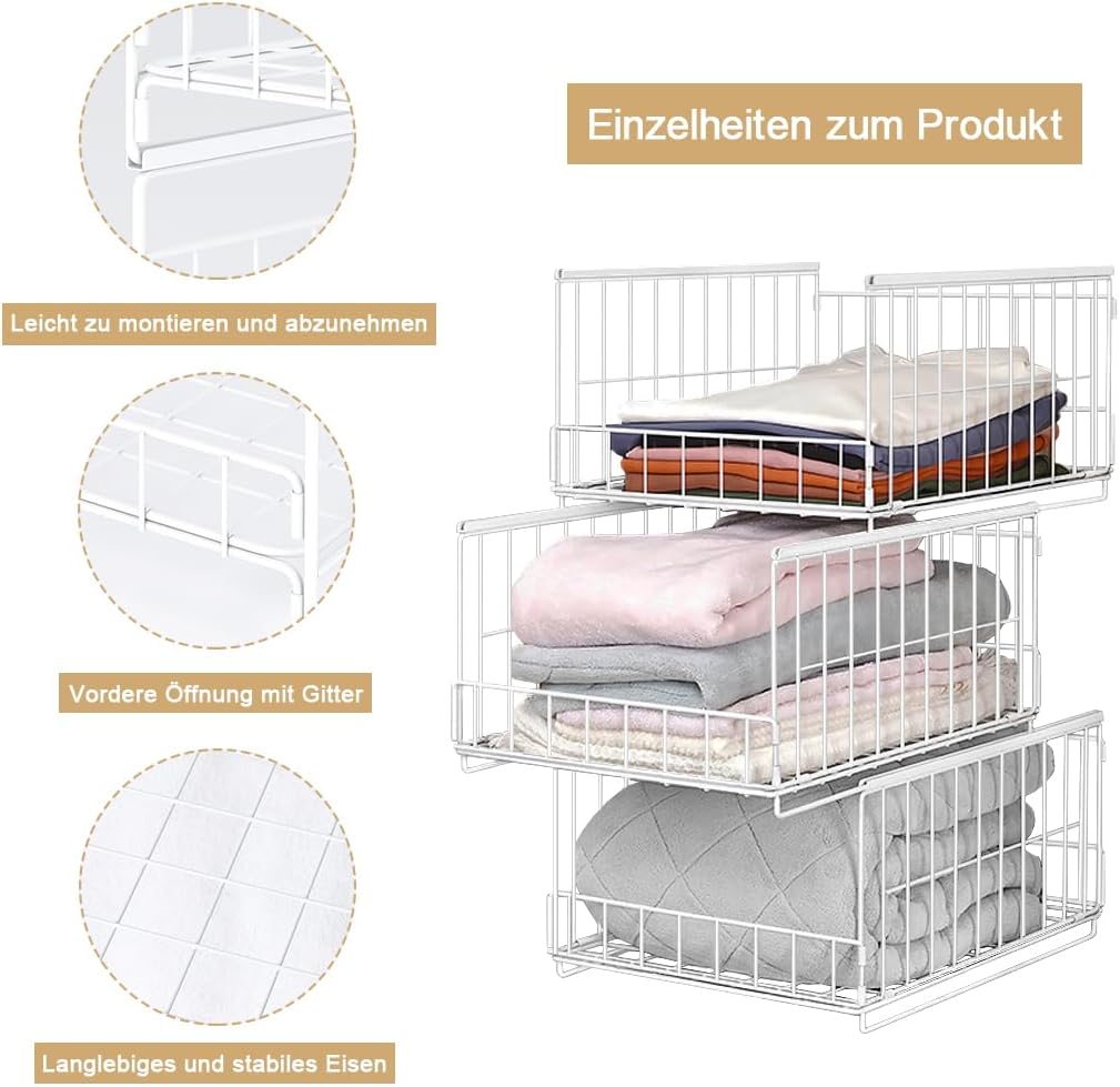 Kosze metalowe do szafy 3 szt. organizery 40x30x20 cm składane z przegródkami BIAŁE