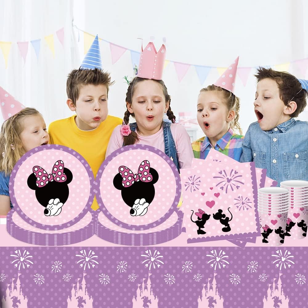 Zestaw Urodzinowy Zastawa Jednorazowa  Minnie Mouse Na Urodziny Talerze Kubki Obrus