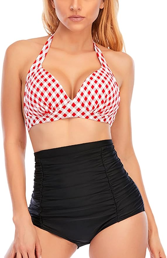 Strój Kostium Kąpielowy Dwuczęściowy Retro Vintage Wysoki Stan Wzór w Kratkę Główne zdjęcie produktu