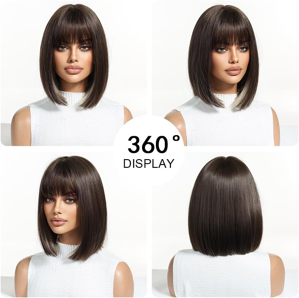 Peruka Krótki Bob Coplay Brązowe Proste włosy z grzywką do Ramion