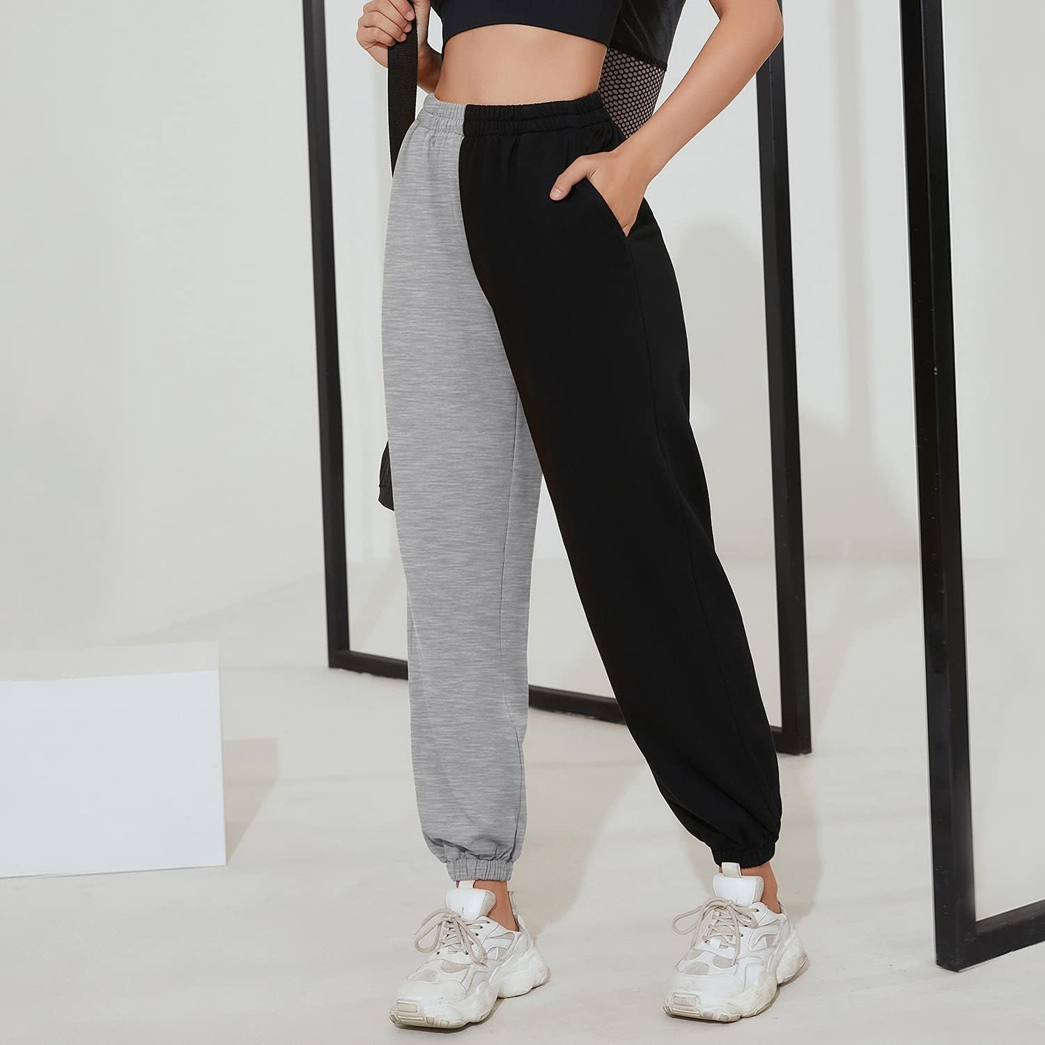Spodnie Dresowe Damskie Ocieplane Czarno Szare Dwukolorowe Dresy typu Baggy