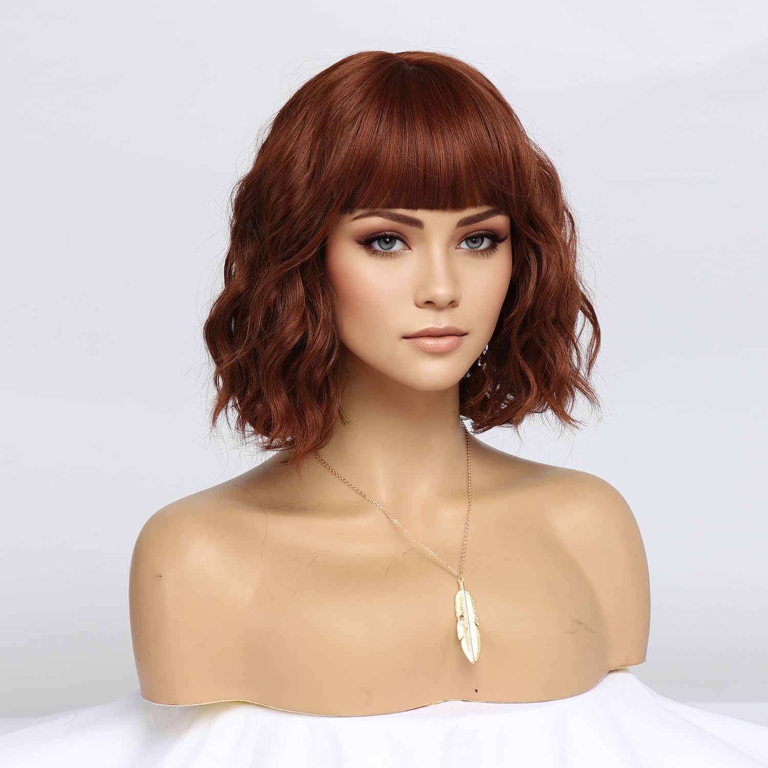 Peruka Krótki Bob Coplay Rudy Miedziany Kręcone włosy z grzywką do Ramion