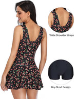 Shekini Kostium Sukienka Tunika Jednocześciowy Wyszczuplający Czarny Wzór w Wisnie