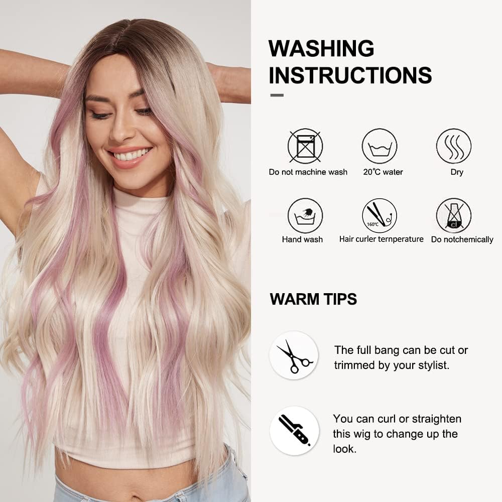 Peruka Blond Jasna z Pastelowymi Różowymi Pasemkami długie proste włosy 70cm Naturalnie wyglądająca