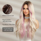 Peruka Blond Jasna z Pastelowymi Różowymi Pasemkami długie proste włosy 70cm Naturalnie wyglądająca