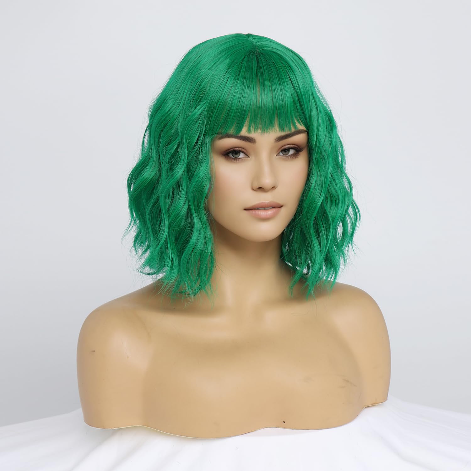 Peruka Krótki Bob Coplay Zielone Kręcone włosy z grzywką do Ramion Drugie zdjęcie produktu