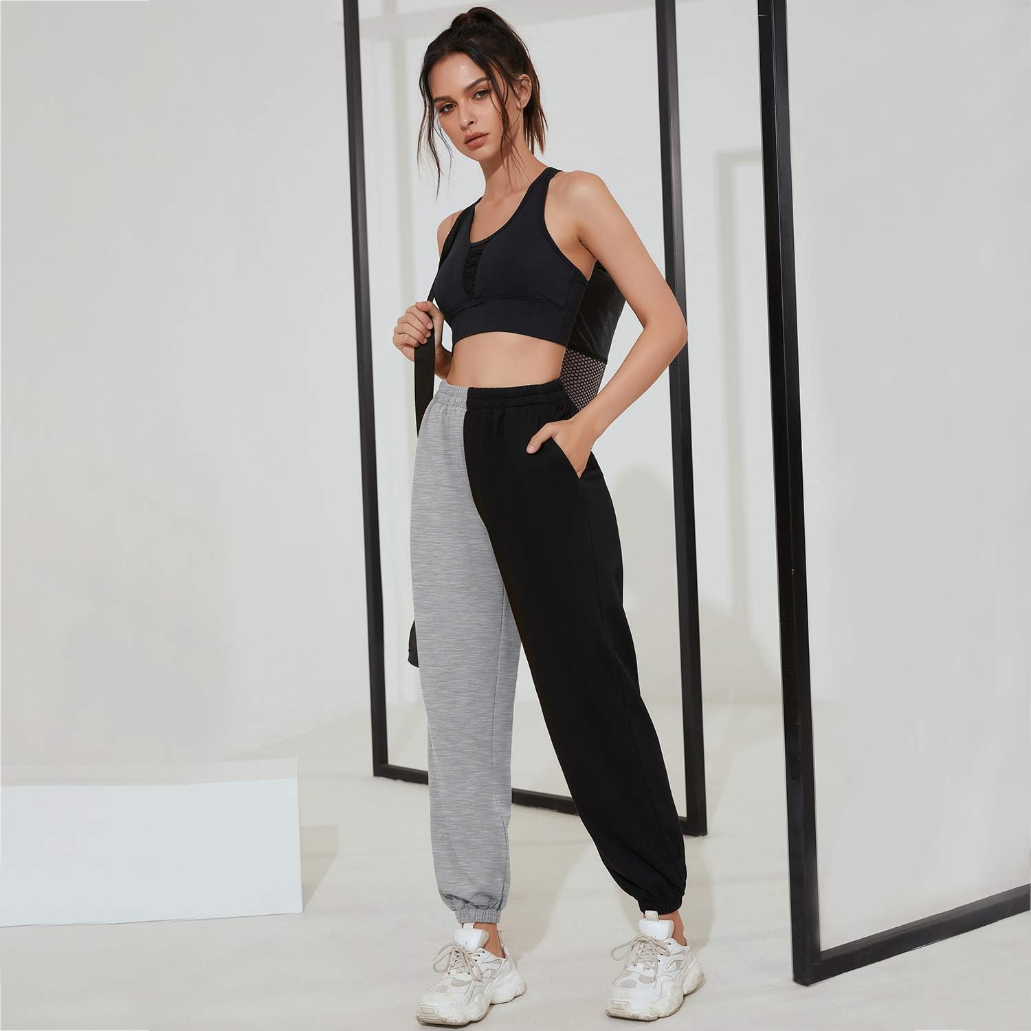 Spodnie Dresowe Damskie Ocieplane Czarno Szare Dwukolorowe Dresy typu Baggy