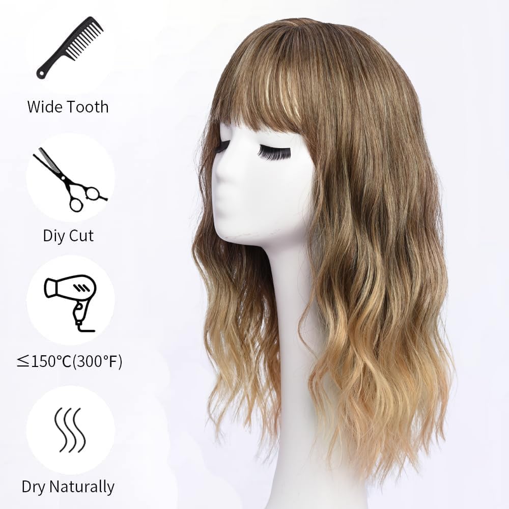 Długa Peruka Naturalny Blond Włosy Długie Za Ramiona z Grzywką Kręcone Ombre
