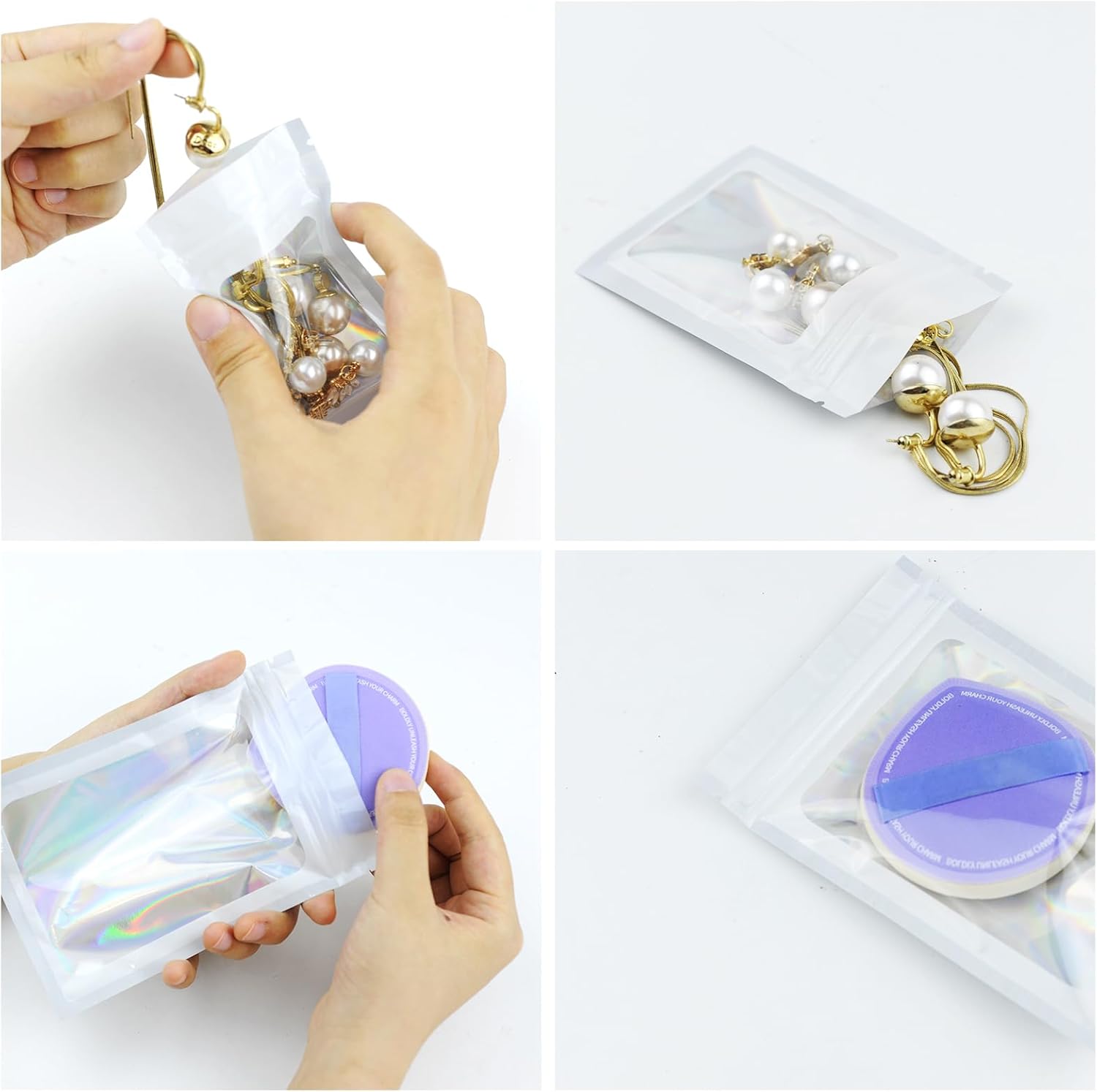 Torebki Woreczki Strunowe Ozdobne Mini Ozdobne na słodycze Prezenty Upominki Białe Hologram 10x15