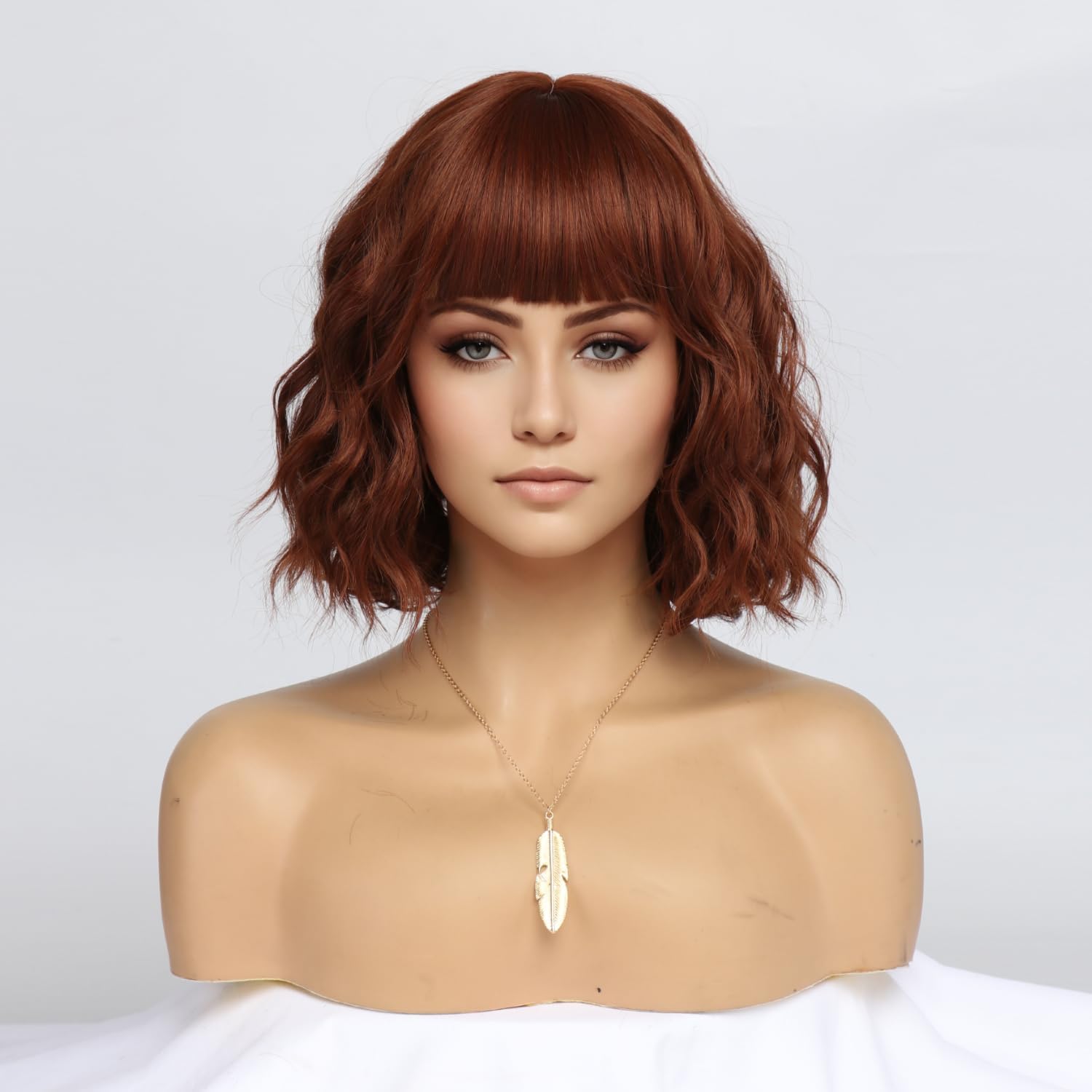 Peruka Krótki Bob Coplay Rudy Miedziany Kręcone włosy z grzywką do Ramion