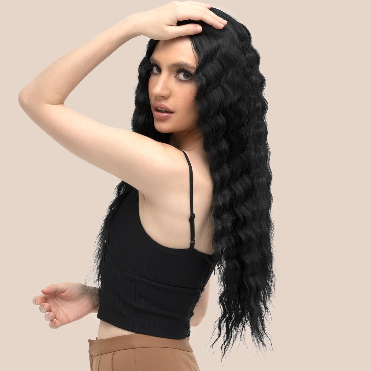 Peruka Czarne Czarna Długie Kręcone włosy 70cm Naturalnie wyglądająca Główne zdjęcie produktu