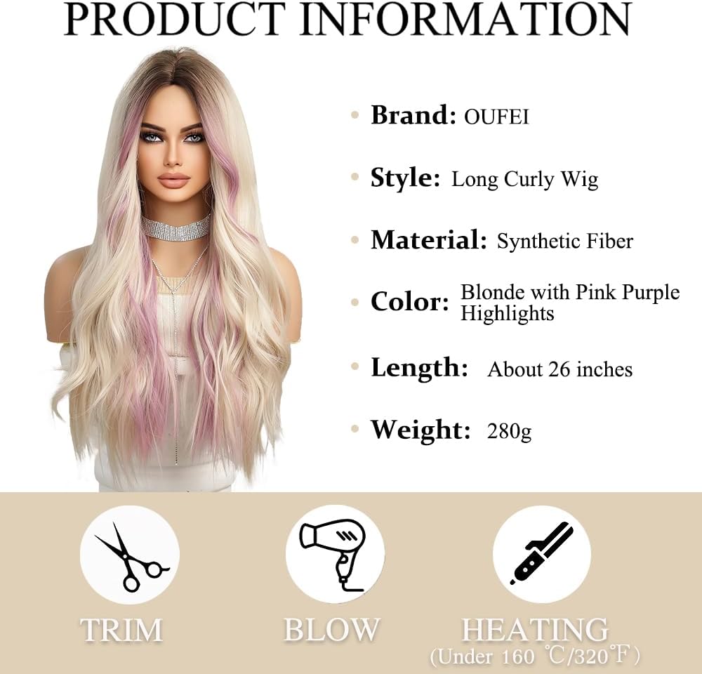 Peruka Blond Jasna z Pastelowymi Różowymi Pasemkami długie proste włosy 70cm Naturalnie wyglądająca
