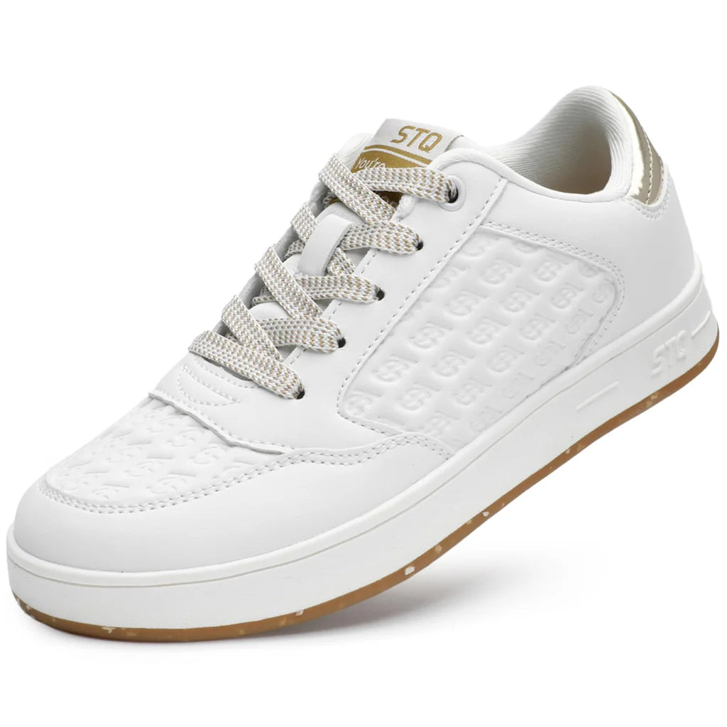 Damskie Sneakersy Lekkie Sportowe ELEGANCKIE z elementem z eko-skóry - Biało-Złote