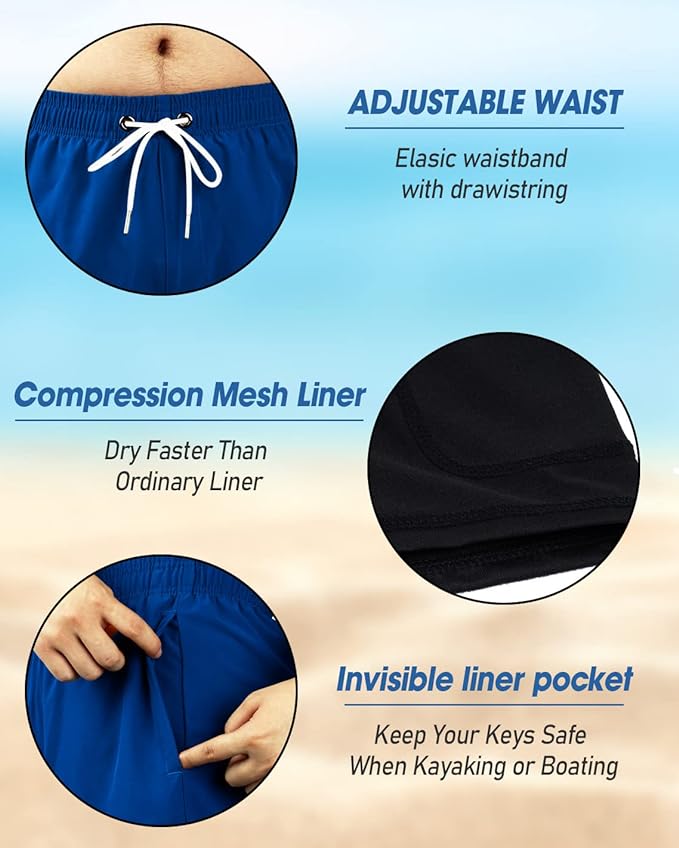 Spodenki Męskie Kąpielowe 2w1 Kąpielówki z Podszewką Kompresyjną  - Niebieskie