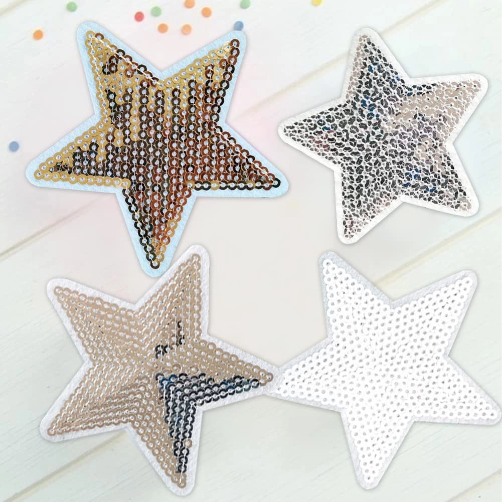 Naszywki termiczne serca i gwiazdki z cekinami – 12 sztuk, złote srebrne łatki DIY Drugie zdjęcie produktu