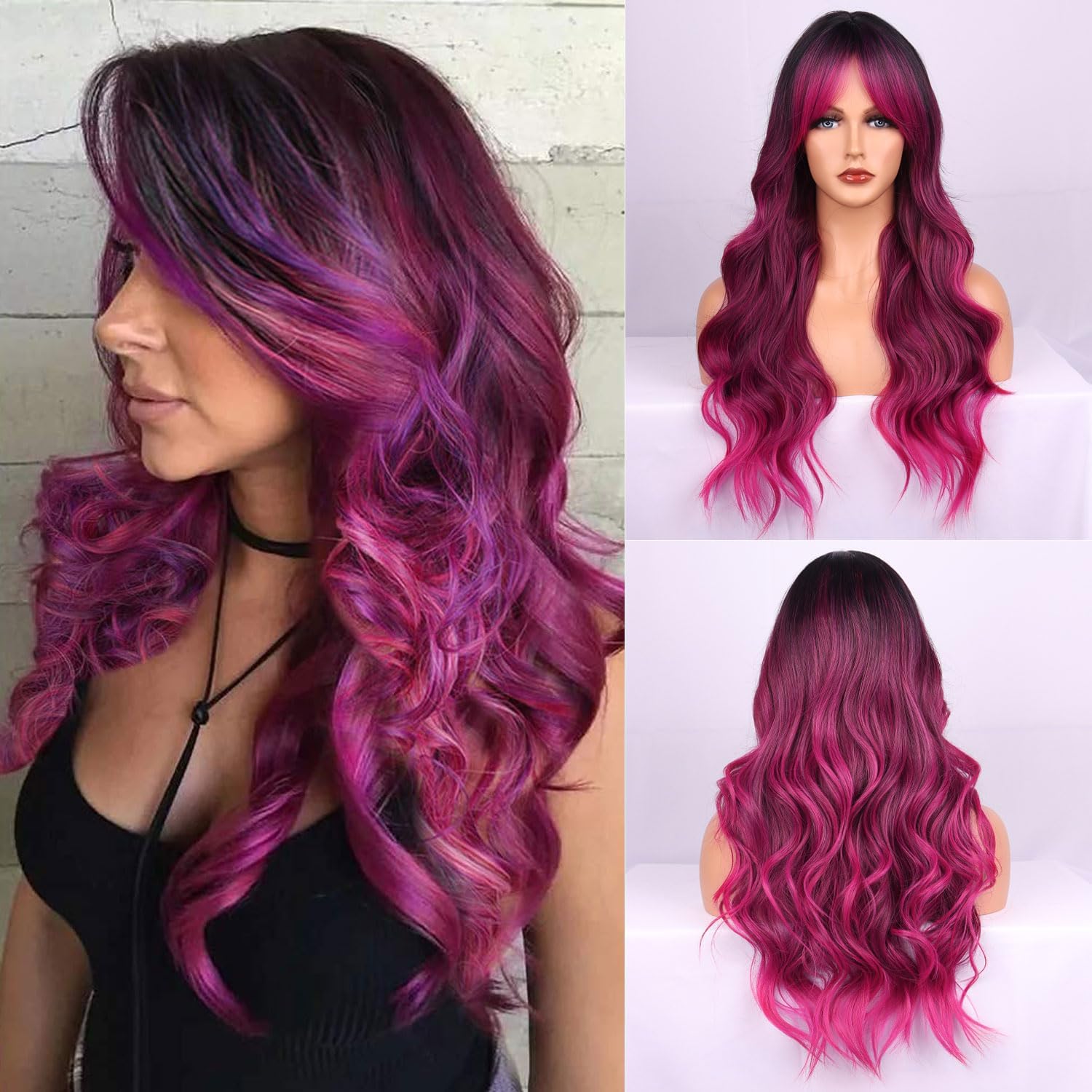 Peruka Długie Falowane Fioletowe Włosy bez grzywki Naturalnie Wyglądające pasemka Główne zdjęcie produktu
