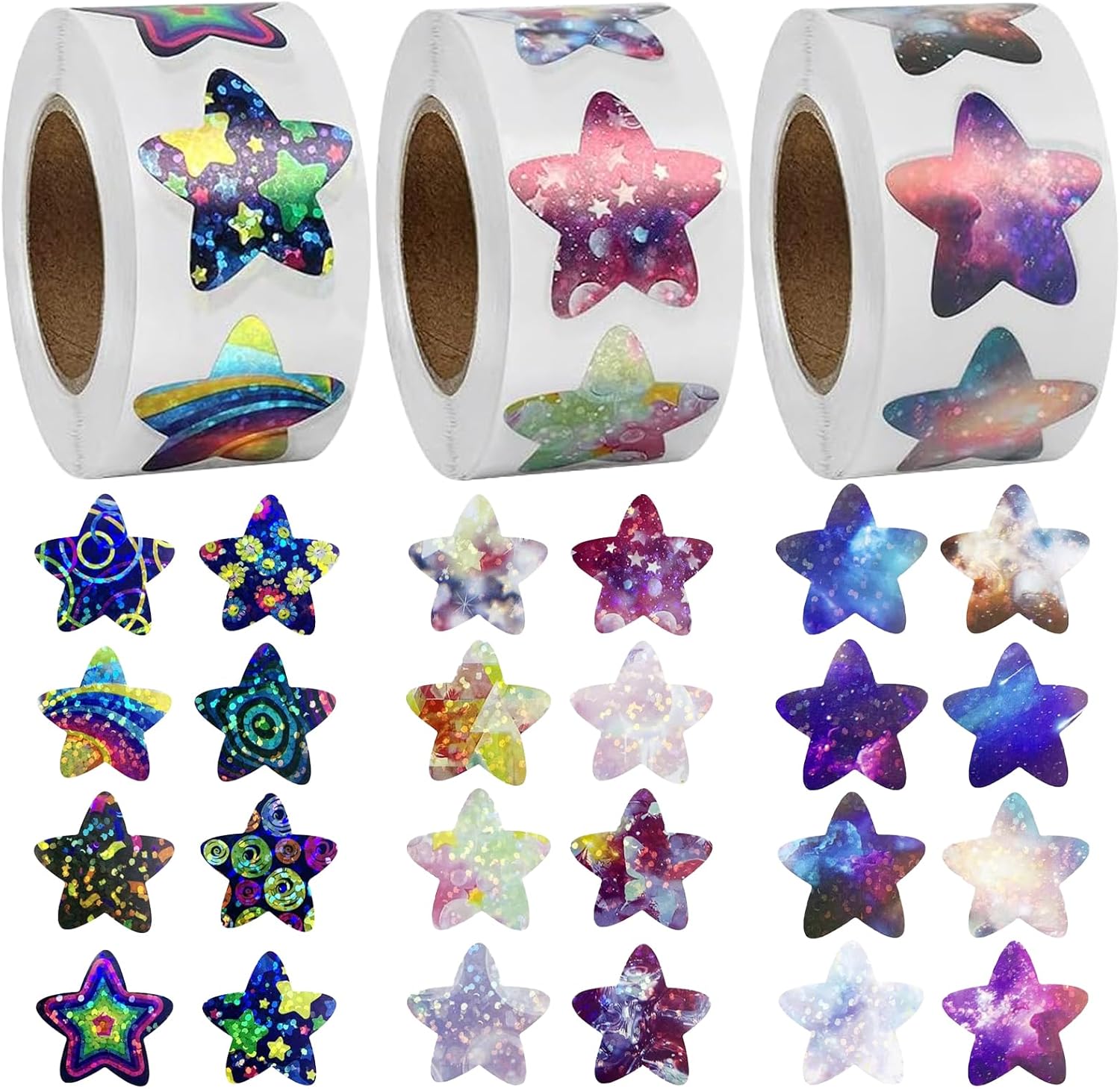 Naklejki gwiazdki holograficzne 800szt zestaw 3 rolki nagrody DIY dla dzieci