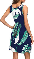 Letnia Sukienka Granatowa W Kwiaty Pióra Liście Hawajski Wzór Bez Rękawów