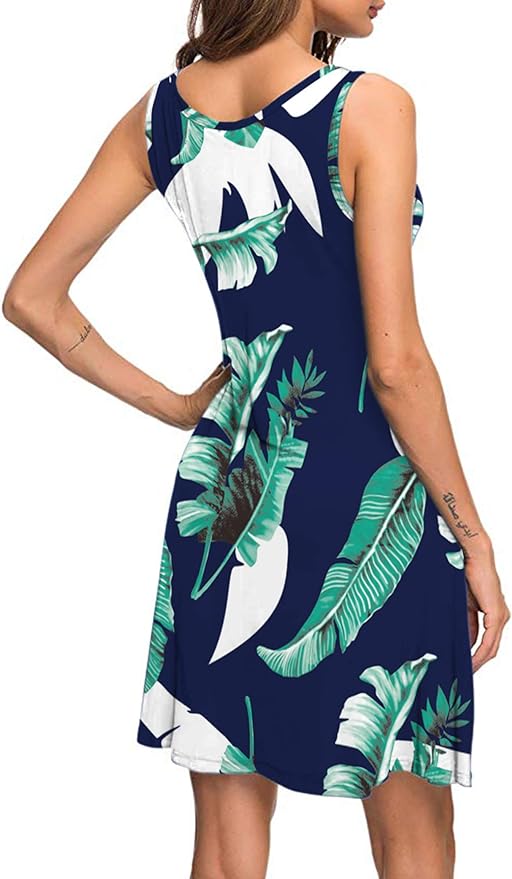 Letnia Sukienka Granatowa W Kwiaty Pióra Liście Hawajski Wzór Bez Rękawów