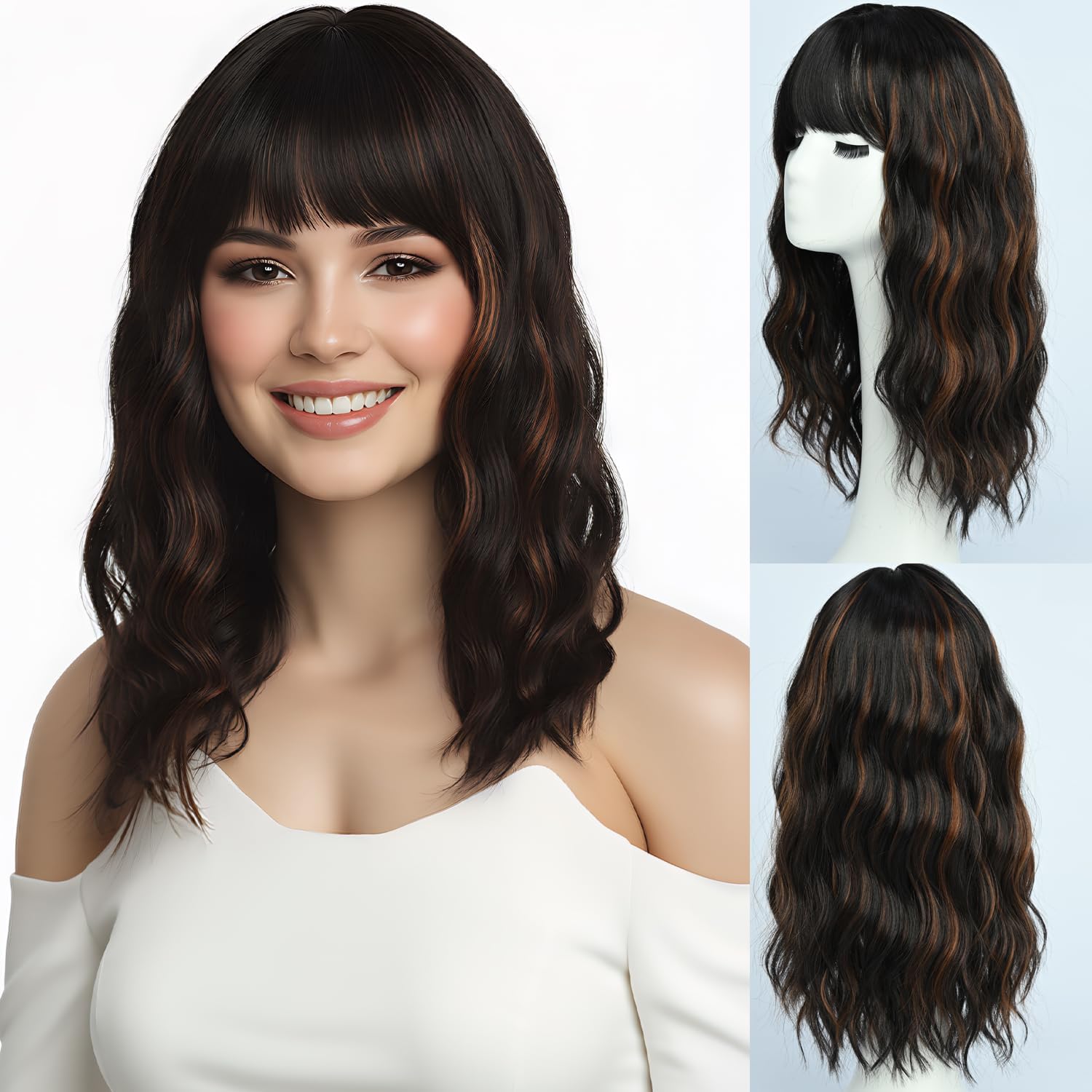 Peruka Brązowe Kręcone Włosy Do Ramion Naturalne Blond Pasemka Cosplay