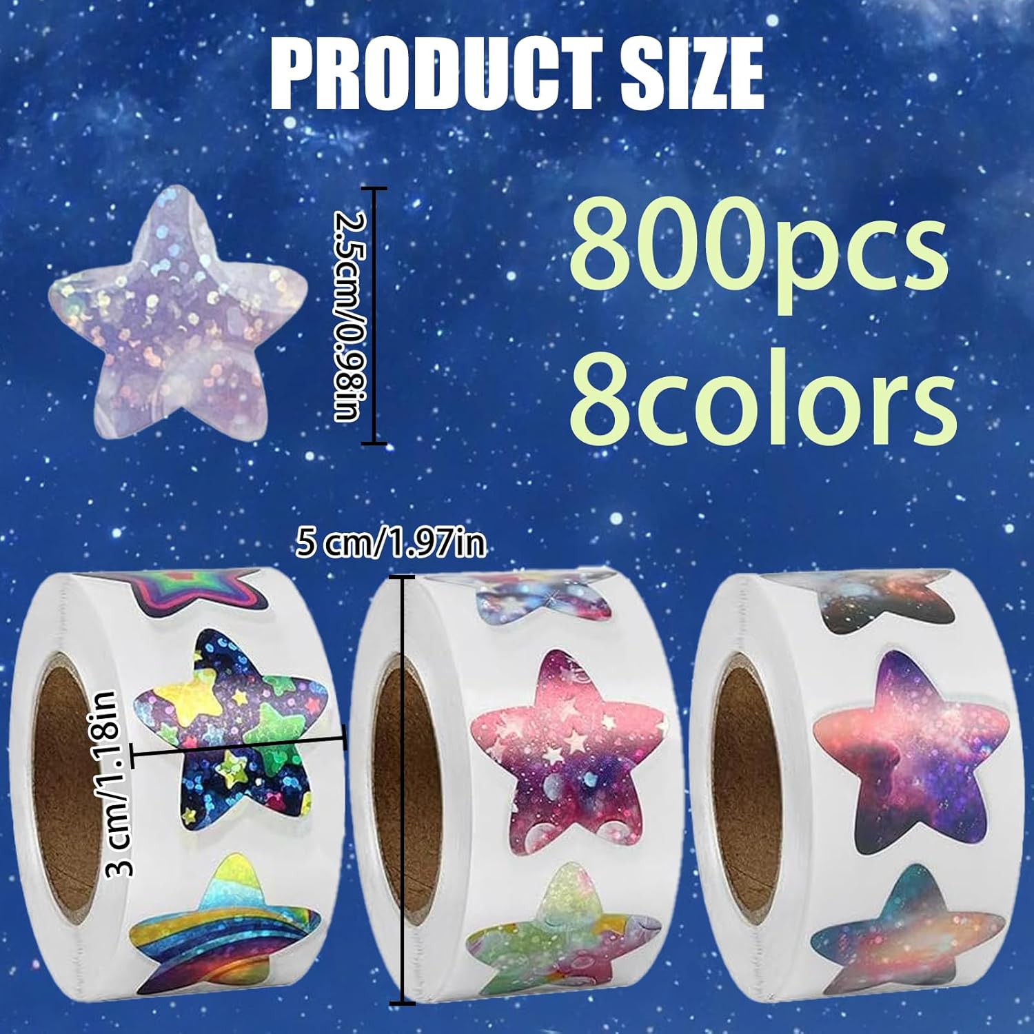 Naklejki gwiazdki holograficzne 800szt zestaw 3 rolki nagrody DIY dla dzieci