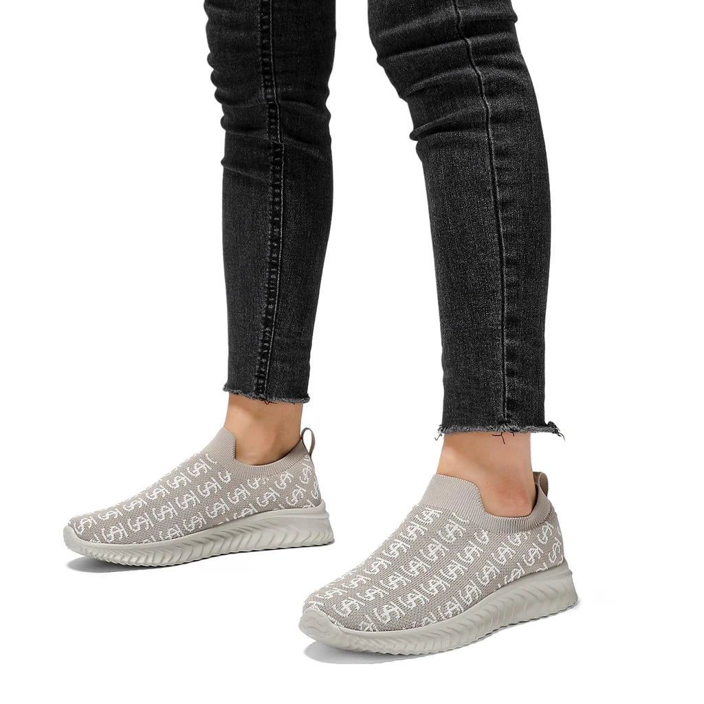 Damskie Sneakersy Ultra Lekkie Sportowe Miękkie z Materiału Skarpety Slippers - Beżowe